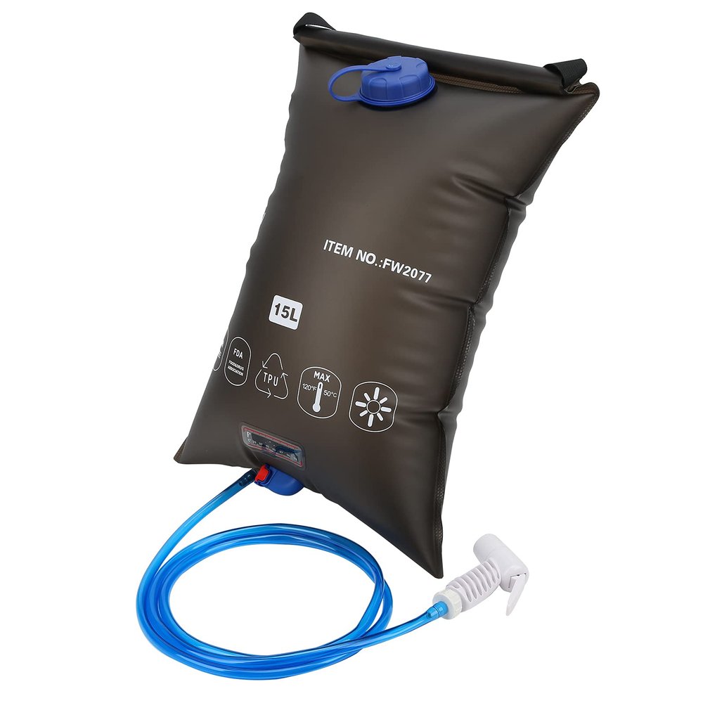 ZHOULZ Outdoor Foldable Heated Shower Bag, 15 Liter High Capacity Camping Shower Bag Kit with Shower Nozzle and Removable Hose, Portable Summer Shower Bag for Hiking Beach Swimming