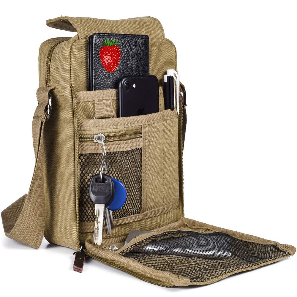 CAAORDKSO Small Canvas Messenger Bag Chest Bag Travel Bag, Mini Crossbody Bag Shoulder Bag for Men Women Multi Pocket Purses (Khaki)