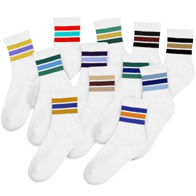 Cuffbow 12 Pairs Striped Crew Socks Women's Retro Sport Calf Stripe Pattern Athletic Socks Cotton Unisex Multicolor for Man Woman