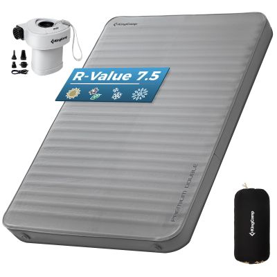KingCamp Premium Double Self Inflating Sleeping Pad with Air Pump, 7.5 R-Value Air & Foam Camping Mattress 2 Person, 3" Thick Full Size Double Insulated Sleeping Pad for Car Camp Tent, PVC Free, Grey