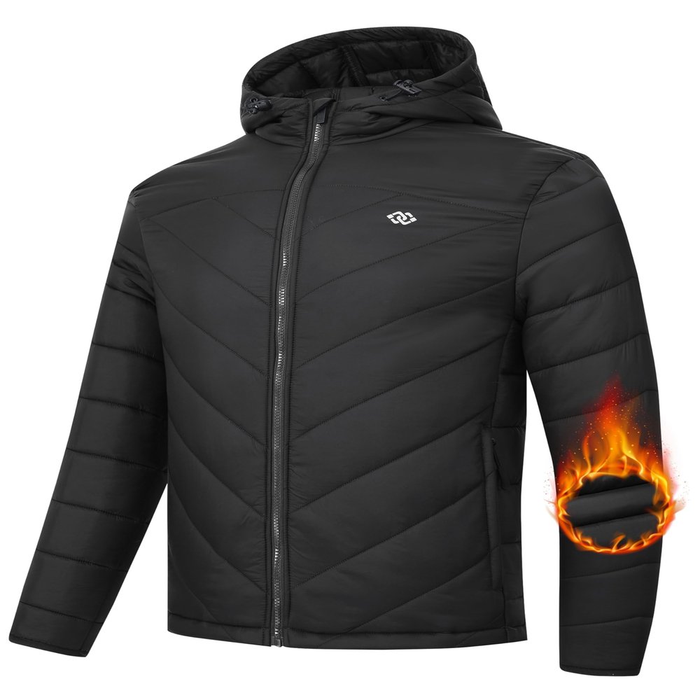 MoFiz Mens Insulated Puffy Fleece Running Jackets Thermal Hybrid Winter Outerwear Jackets Waterproof Sportswear Warm Hiking Golf Jacket with Hood Black Medium
