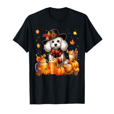 Poodle Thanksgiving Drinks Coffee Fall Leaves Pumpkins T-Shirt