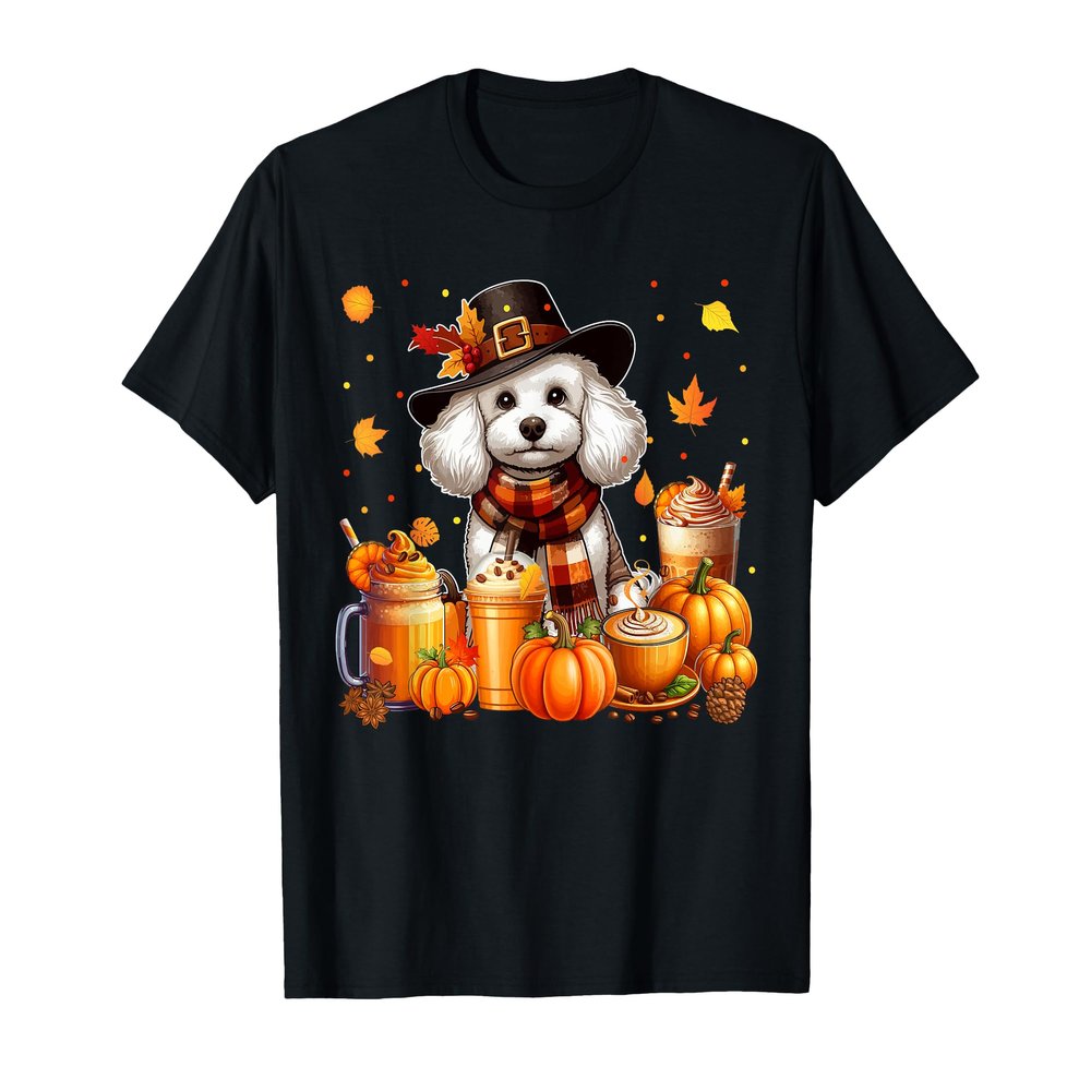 Poodle Thanksgiving Drinks Coffee Fall Leaves Pumpkins T-Shirt