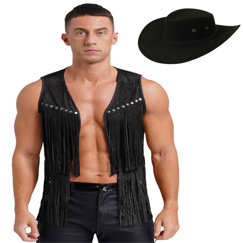 Agoky Mens Western Cowboy Costume Rivets Tassel Vest with Hat for Adult Halloween Party Cosplay Black Medium