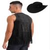 Agoky Mens Western Cowboy Costume Rivets Tassel Vest with Hat for Adult Halloween Party Cosplay Black Medium view 2