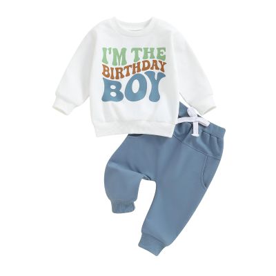 Kayotuas Toddler Baby Boy Birthday Outfit 1 2 3 4 Year Old Birthday Boy Sweatshirt and Pants Set 2 Piece Infant Fall Clothes (Blue, 18-24 Months)