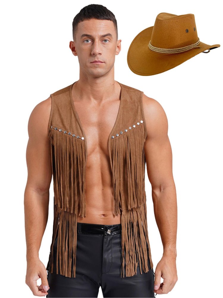 Agoky Mens Western Cowboy Costume Rivets Tassel Vest with Hat for Adult Halloween Party Cosplay Brown Medium