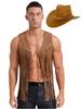 Agoky Mens Western Cowboy Costume Rivets Tassel Vest with Hat for Adult Halloween Party Cosplay Brown Medium