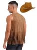 Agoky Mens Western Cowboy Costume Rivets Tassel Vest with Hat for Adult Halloween Party Cosplay Brown Medium view 2