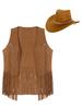 Agoky Mens Western Cowboy Costume Rivets Tassel Vest with Hat for Adult Halloween Party Cosplay Brown Medium view 3