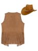 Agoky Mens Western Cowboy Costume Rivets Tassel Vest with Hat for Adult Halloween Party Cosplay Brown Medium view 4