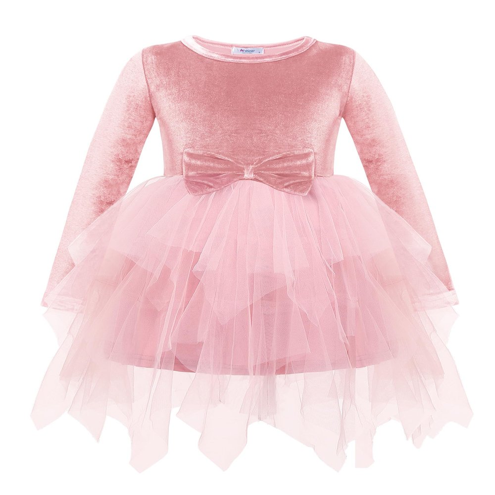Arshiner Toddler Girls Party Dress Irregular Hem Tulle Long Sleeve Princess Tutu Holiday Gown Valentines Day Birthday Dresses 2-3T Light Rose