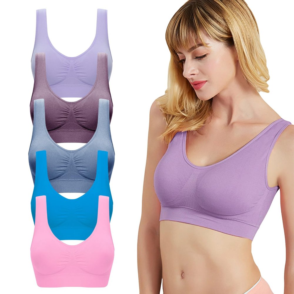 Sports Bras for Women 5 Pack, Seamless Comfortable Bras Running Workout Low Impact Wireless Activity Sleep Bralettes