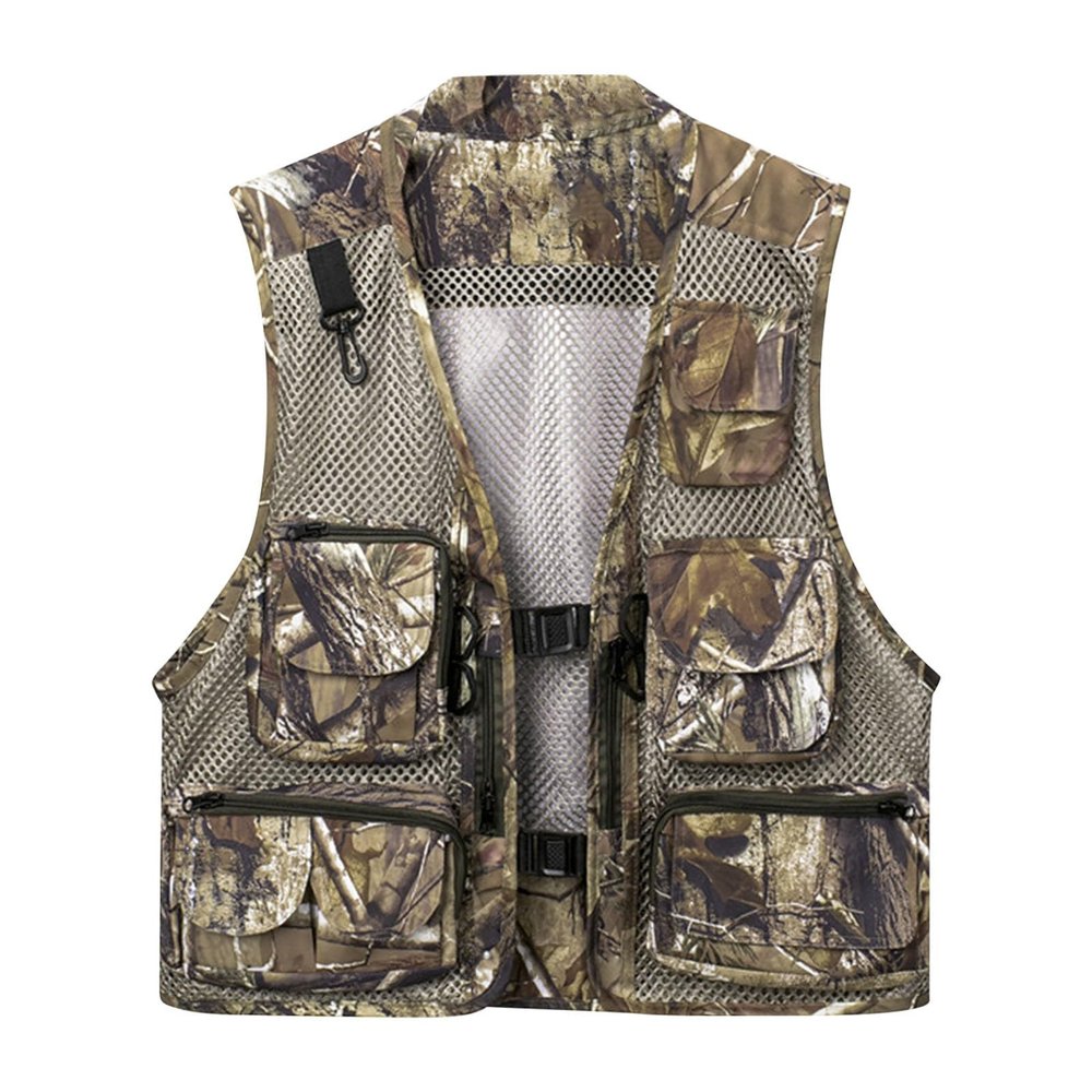 Generic Men's Outdoor Utility Tactical Vest Casual Camo Mesh Breathable Work Safari Fishing Hunting Cargo Vest Multi Pockets Jacket, Large, Camouflage