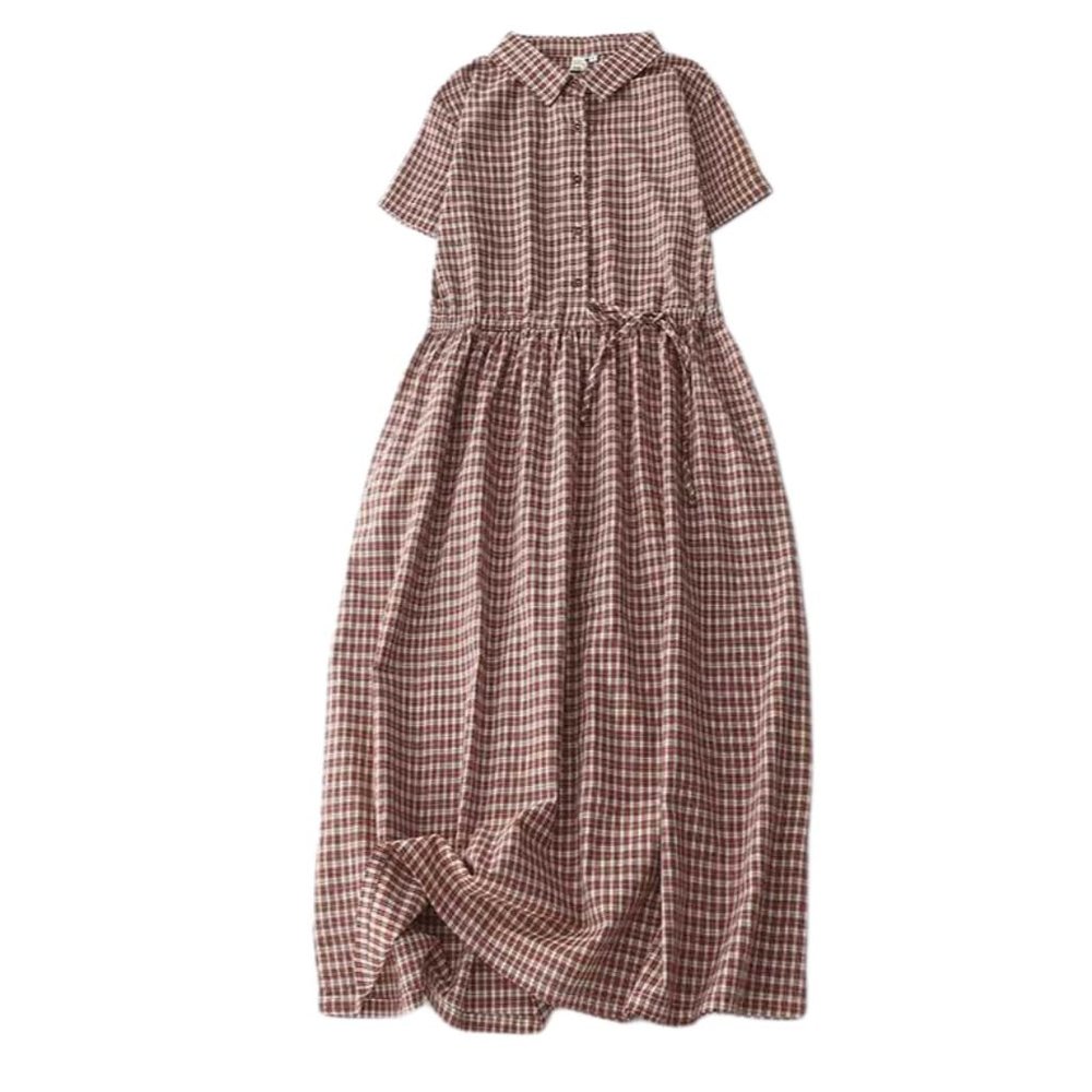 Women's Youthful Plaid Midi Dresses Short Sleeve Tie Elastic Waist A-Line Stretchy Party Dress Vintage Summer Casual Dress Red