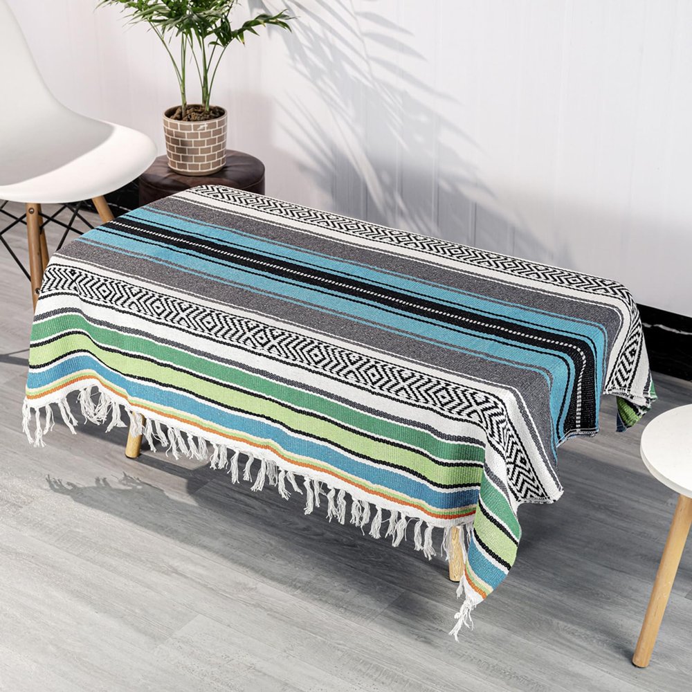 Airooglee 69" L x 51" W Large Mexican Blanket - Perfect as Yoga Blanket, Outdoor Blanket, Beach Blanket, Serape Blanket, Picnic Blanket, Camping Blanket, Woven Blanket, Boho Home Dcor - Blue-Green