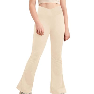 Kids Girls Crss High Waisted Flare Pants Stretch Full Length Bell Bottoms Pull-on Pants Bootcus (Beige, 9-10 Years)