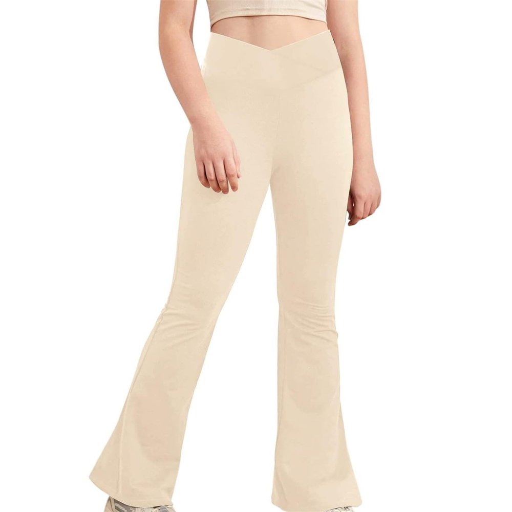 Kids Girls Crss High Waisted Flare Pants Stretch Full Length Bell Bottoms Pull-on Pants Bootcus (Beige, 9-10 Years)