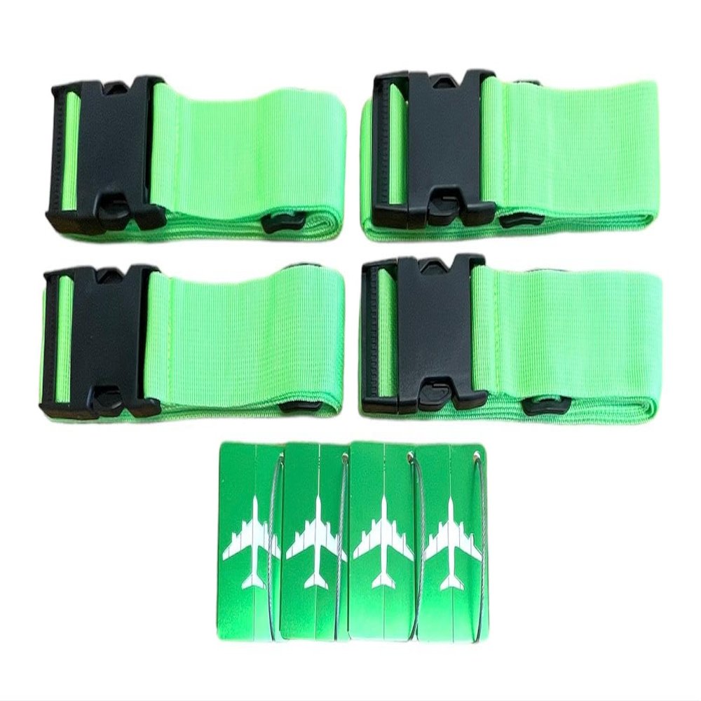 8 Pack Luggage Set, 4 Pack Straps and 4 Pack ID Tags, Adjustable Heavy-Duty 79" Secure Travel Suitcase Belts (Bright Green)