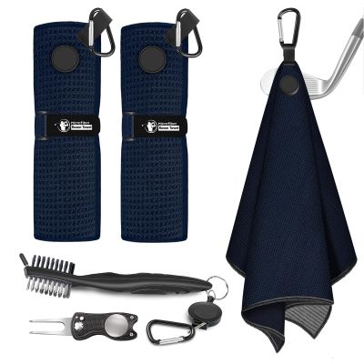 Lousrnman Magnetic Golf Towel, 2 PCS Microfiber Golf Towels with Brush and Divot Tool for Men, Industrial Strength Magnet Accessories for Strong Hold to Golf Bags, Carts or Clubs (2 Pack Black)