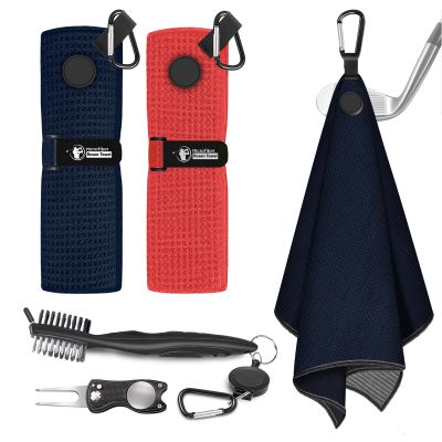 2 PCS Magnetic Golf Towels with Brush and Divot Tool, Microfiber Golf Towel with Wire Cleaning Cloth for Men, Industrial Strength Magnet for Strong Hold to Golf Bags, Carts or Clubs (Black Red)