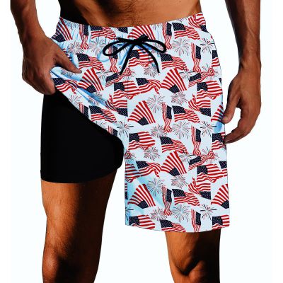 SQPO USA American Flag Mens Swim Trunks with Compression Liner Quick Dry Zipper Pocket Bathing Suit for Beach Summer X-Large