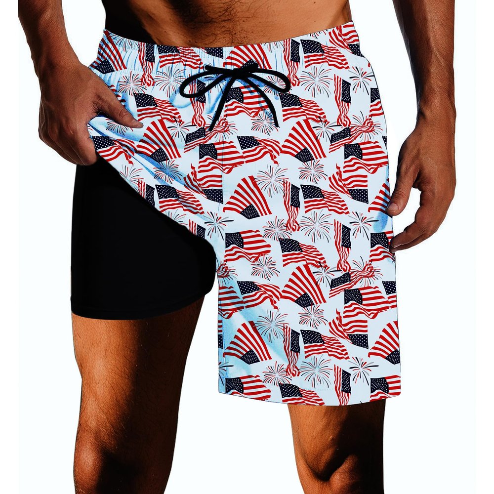 SQPO USA American Flag Mens Swim Trunks with Compression Liner Quick Dry Zipper Pocket Bathing Suit for Beach Summer X-Large