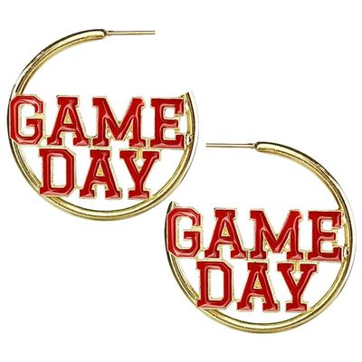 2026 Sports Game Day Hoop Earrings for Women, Metal Football/Rugby/Baseball/Basketball/Volleyball Team Sports Spirits Cheer Fan Outfit Gifts Round Statement Lightweight Accessories-Red