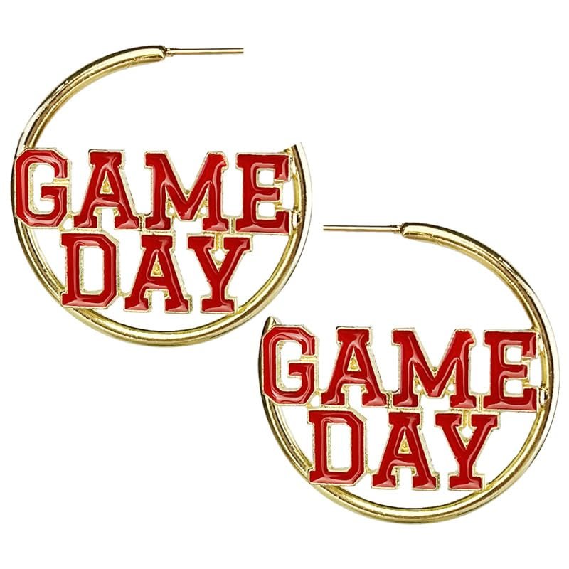 2026 Sports Game Day Hoop Earrings for Women, Metal Football/Rugby/Baseball/Basketball/Volleyball Team Sports Spirits Cheer Fan Outfit Gifts Round Statement Lightweight Accessories-Red