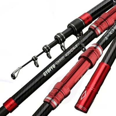 GTOFYU Telescopic Fishing Rod, Carbon Fiber Travel Surf Rod, Spinning Power Lure 2-9Oz, 20-50LB,Extra-Heavy Throwing Surfcasting Baitcasting Pole, Distance Throwing Fishing Rod, 4.2M/14Ft,Red
