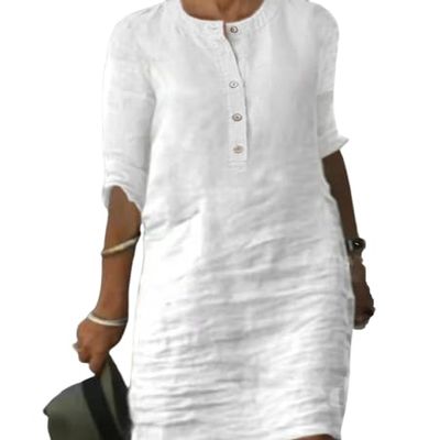 Akivide Womens Summer Cotton Linen Half Sleeve Midi Dress Casual Crew Neck Button Linen Knee Length Dress Loose Solid Dress