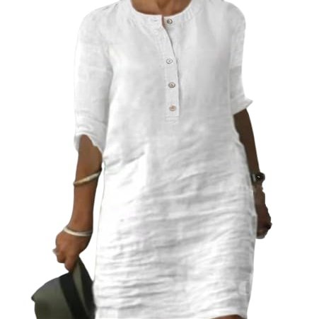 Akivide Womens Summer Cotton Linen Half Sleeve Midi Dress Casual Crew Neck Button Linen Knee Length Dress Loose Solid Dress
