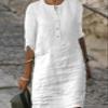 Akivide Womens Summer Cotton Linen Half Sleeve Midi Dress Casual Crew Neck Button Linen Knee Length Dress Loose Solid Dress view 2