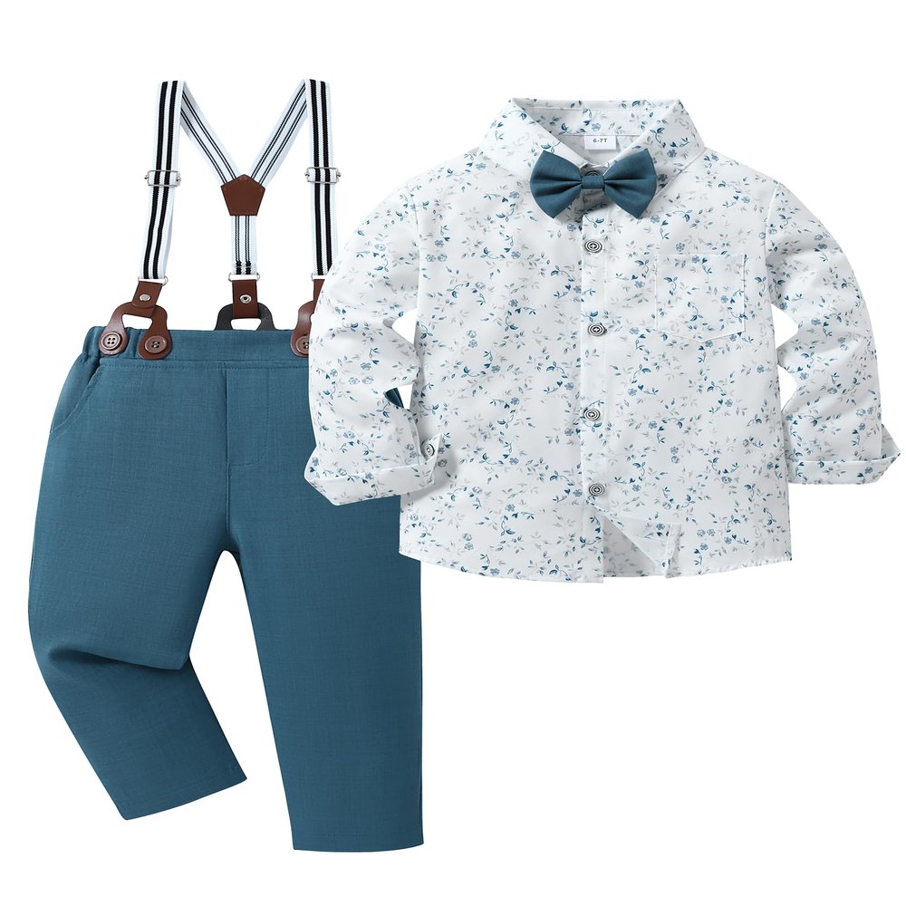 YALLET Boy Clothes Suits, Formal Dress Shirt with Bowtie+Suspender Pants Big Kid Gentleman Wedding Outfits (Blue Print, 9-10 Years)