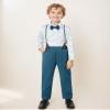YALLET Boy Clothes Suits, Formal Dress Shirt with Bowtie+Suspender Pants Big Kid Gentleman Wedding Outfits (Blue Print, 9-10 Years) view 2