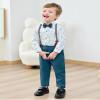 YALLET Boy Clothes Suits, Formal Dress Shirt with Bowtie+Suspender Pants Big Kid Gentleman Wedding Outfits (Blue Print, 9-10 Years) view 3