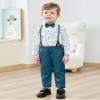 YALLET Boy Clothes Suits, Formal Dress Shirt with Bowtie+Suspender Pants Big Kid Gentleman Wedding Outfits (Blue Print, 9-10 Years) view 4