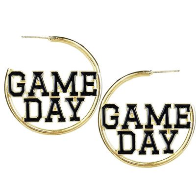 2025 Sports Game Day Hoop Earrings for Women, Metal Football/Rugby/Baseball/Basketball/Volleyball Team Sports Spirits Cheer Fan Outfit Gifts Round Statement Lightweight Accessories-Black