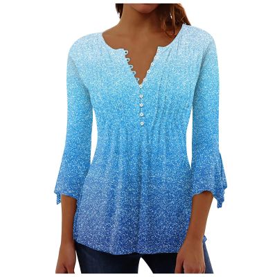 Oversized Button Up Shirts for Women Petal Sleeves V Neck T-shirt Pleated 3/4 Length Sleeve Womens Tops Ethnic Style Womens Summer Tops Printed Gradient Women's 3/4 Sleeve Shirts 2024