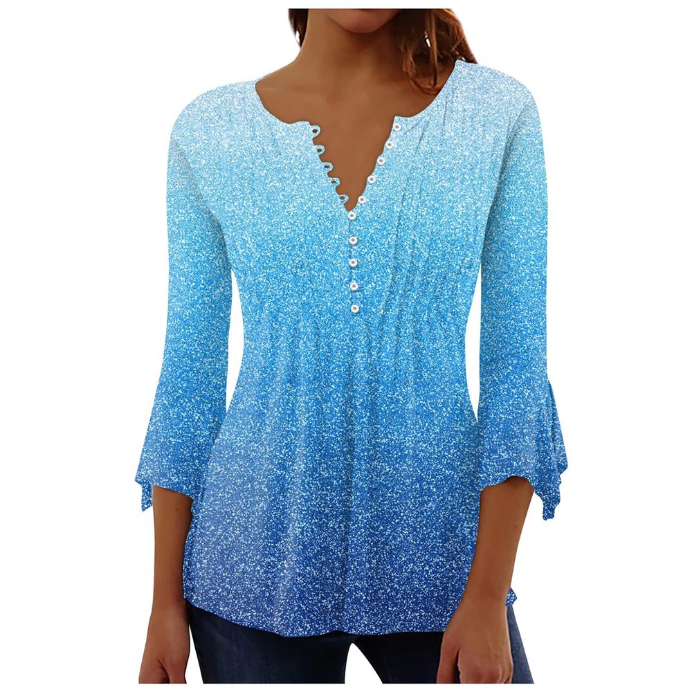 Oversized Button Up Shirts for Women Petal Sleeves V Neck T-shirt Pleated 3/4 Length Sleeve Womens Tops Ethnic Style Womens Summer Tops Printed Gradient Women's 3/4 Sleeve Shirts 2024