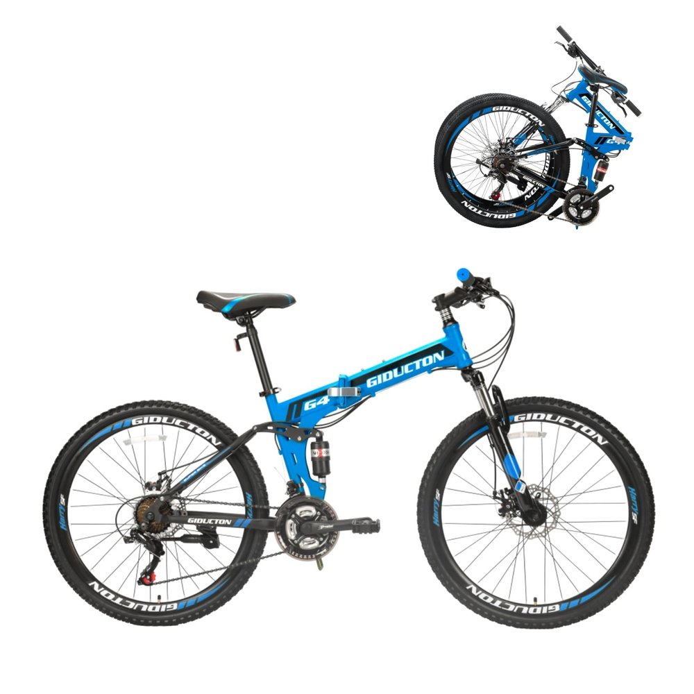 GIDUCTON 26 Inch Folding Mountain Bike, 21 Speed, Dual Disc Brakes, Full Suspension, High-Carbon Steel, for Adults/Men/Women (G4-26inch-Blue)