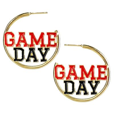 2026 Sports Game Day Hoop Earrings for Women, Metal Football/Rugby/Baseball/Basketball/Volleyball Team Sports Spirits Cheer Fan Outfit Gifts Round Statement Lightweight Accessories-Black Red