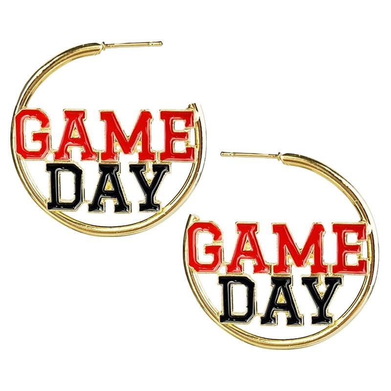 2026 Sports Game Day Hoop Earrings for Women, Metal Football/Rugby/Baseball/Basketball/Volleyball Team Sports Spirits Cheer Fan Outfit Gifts Round Statement Lightweight Accessories-Black Red
