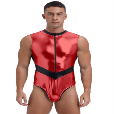 iiniim Mens Sleeveless Metallic Astronaut Leotard Costume Front Zipper Stand Collar Bodysuit Red Large