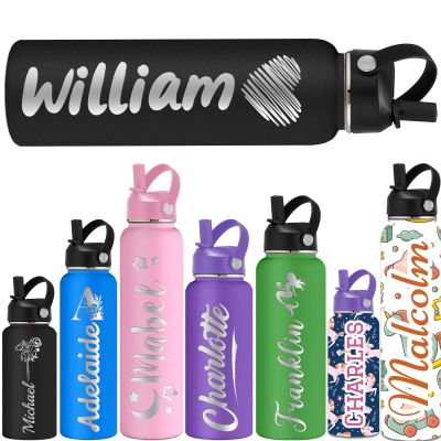 ShAxzHen Personalized Water Bottles for Kids with Straw Lid 40/32/24/18/12oz Custom Insulated Water Bottle Stainless Steel with Name Logo Customized Engraved Cups for School Sport Gym Icon Black