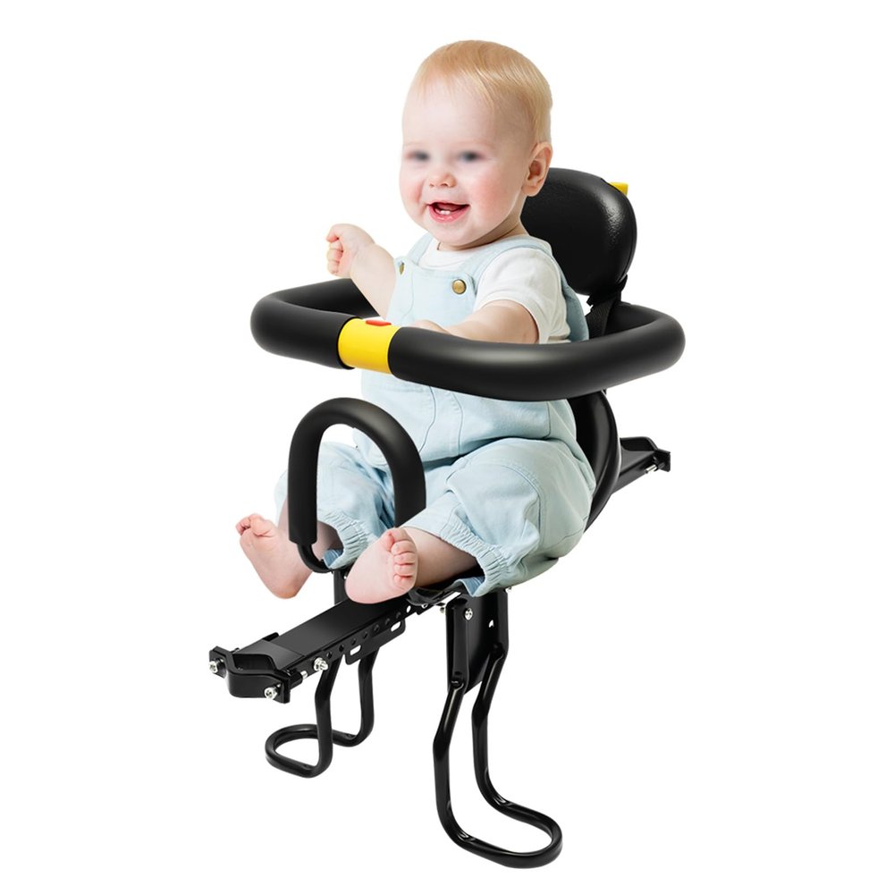 Baby Bike Seat, Aluminum Alloy Child Bike Seat, Retractable Foldable Front Mounted Child Bike Seat with with Foot Pedal and Adjusting Belt Buckle for Hybrid Cruiser Bicycles and City Bicycles