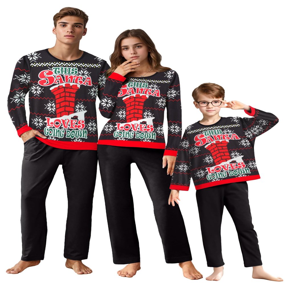 IFFEI Family Christmas Pajamas Matching Sets Holiday PJ's with Loves Going Down Top and Black Pants with Pockets Loungewear Men: XL