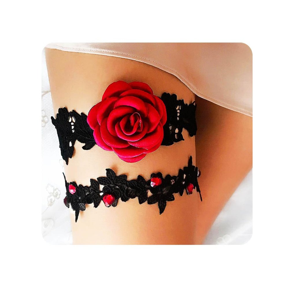 Miaband Wedding Garters 2Pcs Black Rhinestones Garters Belt Elegant Lace Bridal Leg Garters Bridal Bridesmaids Accessories for Women