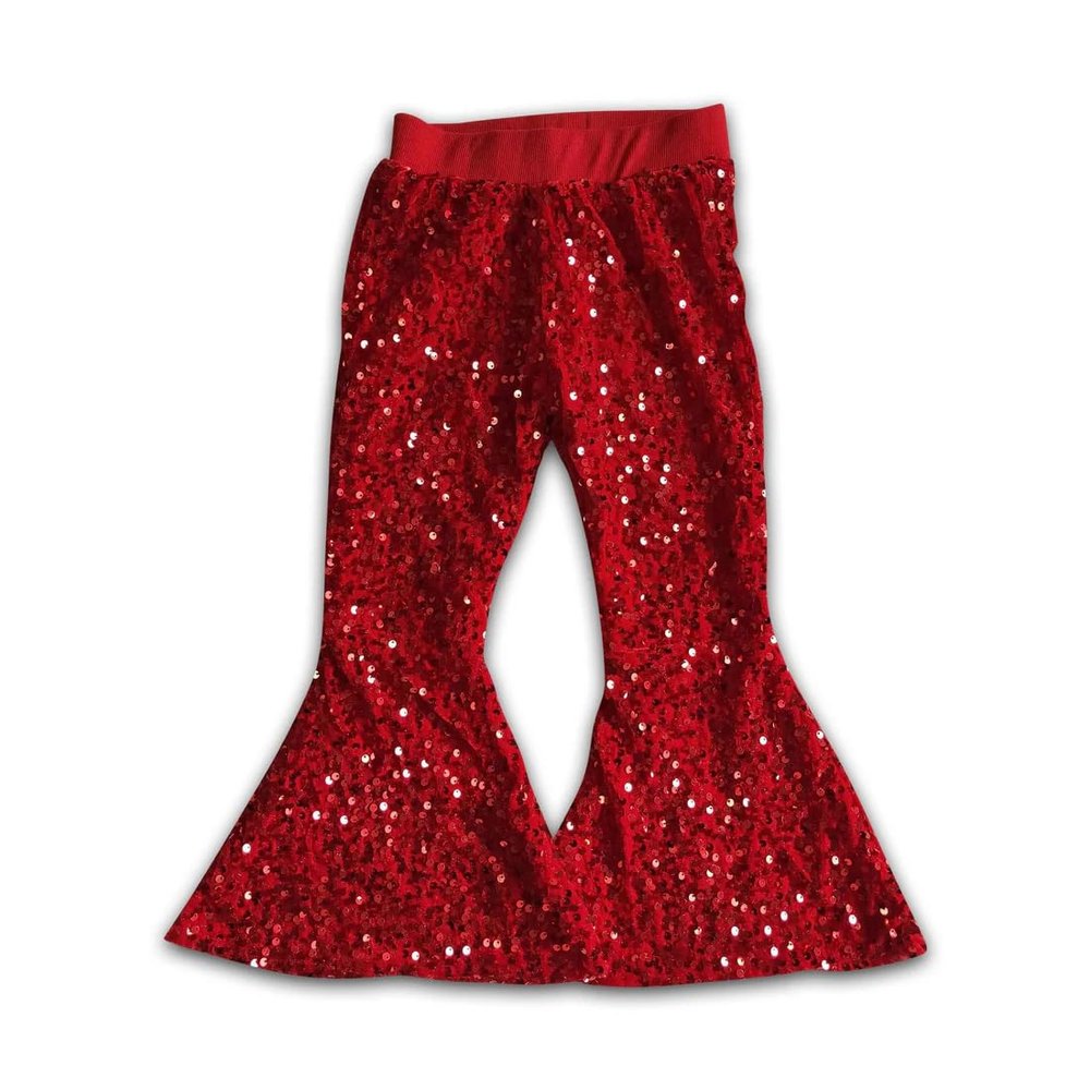 Yawoo Haan Shinny Baby Girls Bell Bottom Sequins Pants Red