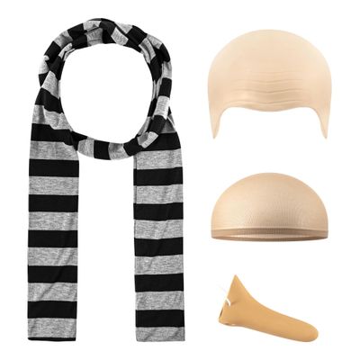 4 Pcs Adults Costume Accessories Set, Black Gray Striped Scarf Fake Nose Latex Bald Head Wig Cap, Cosplay Classic Characters Gru Halloween Party Set
